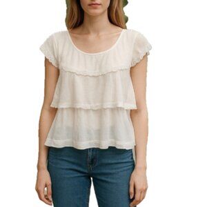 Women's Blouse Small Pebble & Stone White Lace Ruffle Tiered Sleeveless Top EUC